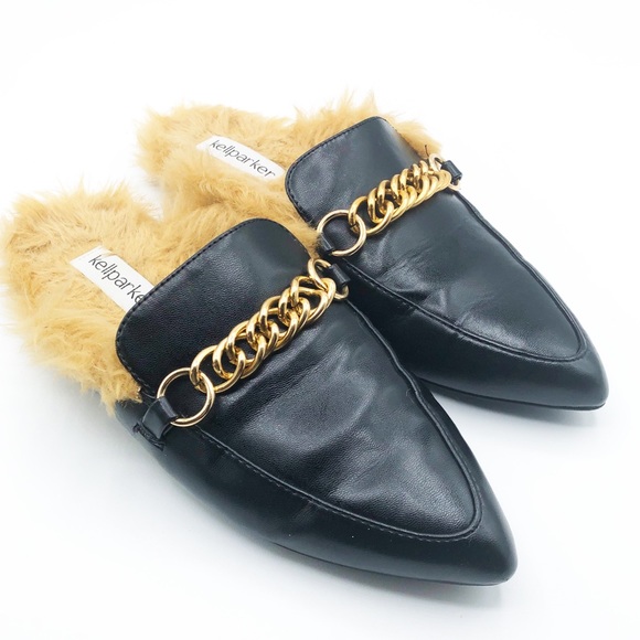 Kellparker Vegan Jessica Fur Chain Black Mules 6.5M